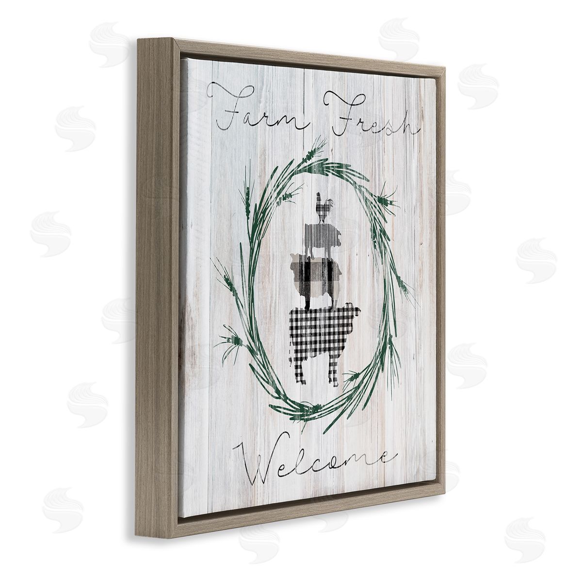 Carol Robinson Farm Fresh Welcome Sign Tartan Cow Laurels  Brown Floating Frame Canvas Wall Art Print