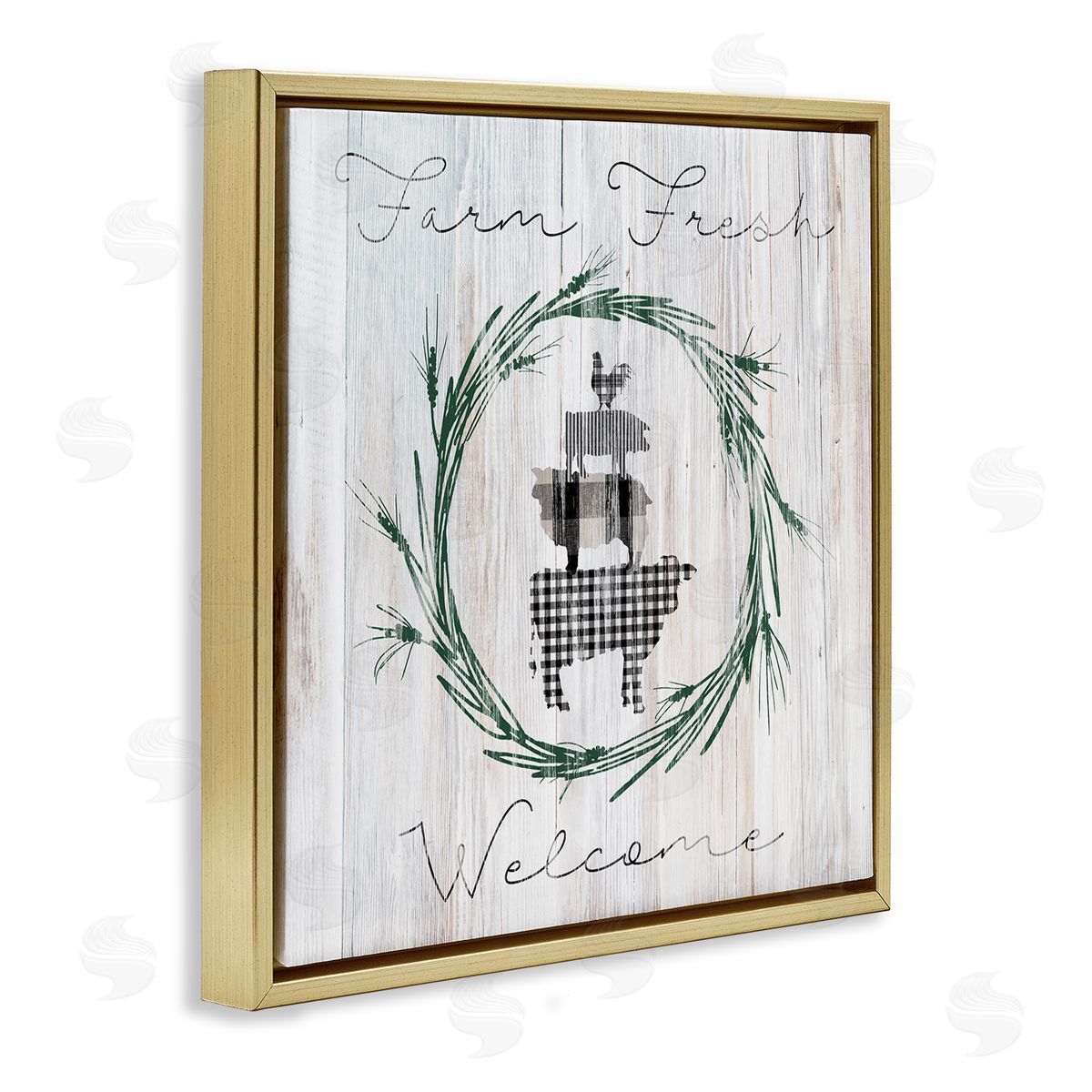 Carol Robinson Farm Fresh Welcome Sign Tartan Cow Laurels  Gold Floating Frame Canvas Wall Art Print