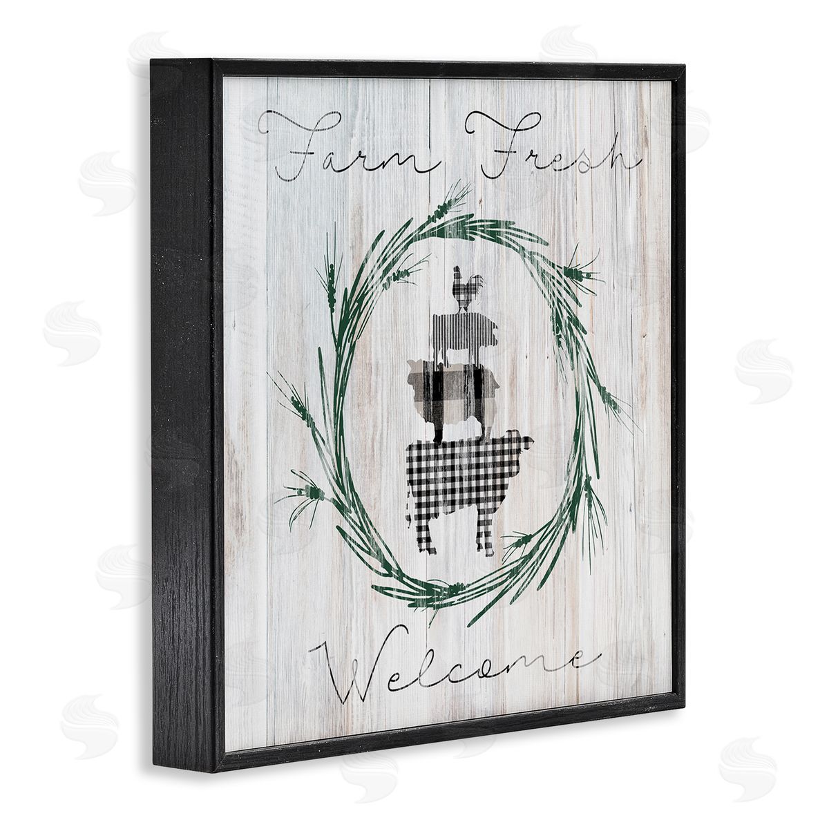 Carol Robinson Farm Fresh Welcome Sign Tartan Cow Laurels  Black Framed Glicee Wall Art Print