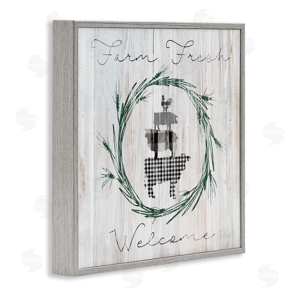Carol Robinson Farm Fresh Welcome Sign Tartan Cow Laurels  Gray Framed Glicee Wall Art Print
