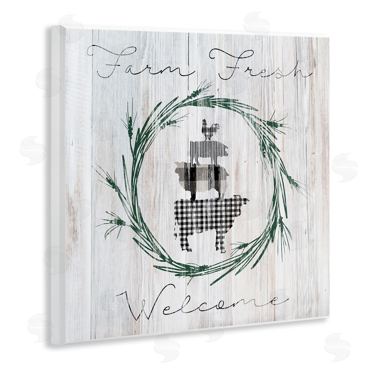 Carol Robinson Farm Fresh Welcome Sign Tartan Cow Laurels  Wooden Wall Plaque Art Print