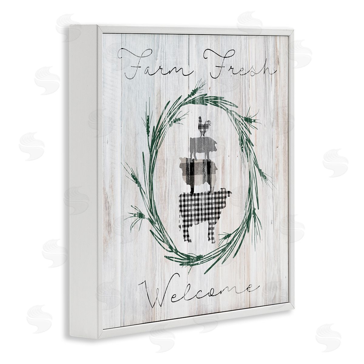 Carol Robinson Farm Fresh Welcome Sign Tartan Cow Laurels  White Framed Glicee Wall Art Print