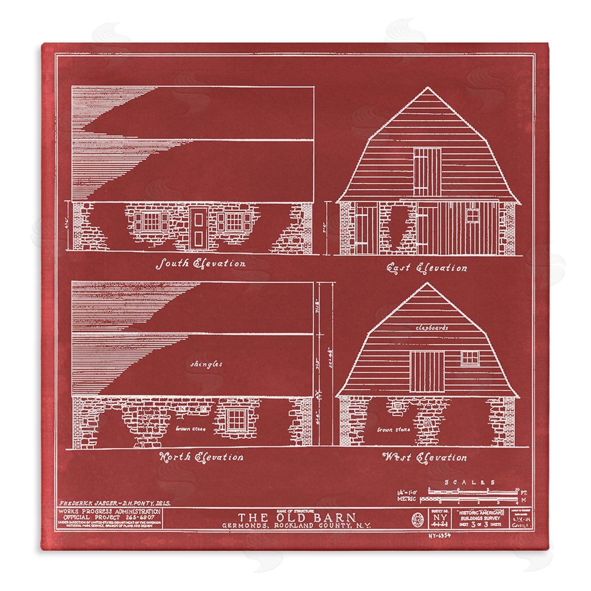Annie Warren Red Farmhouse Barn Detailed Blueprint Diagram  Stretched Canvas Wall Art Print