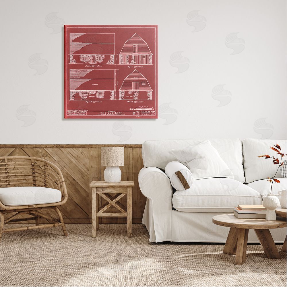 Annie Warren Red Farmhouse Barn Detailed Blueprint Diagram Canvas Wall Art in Room