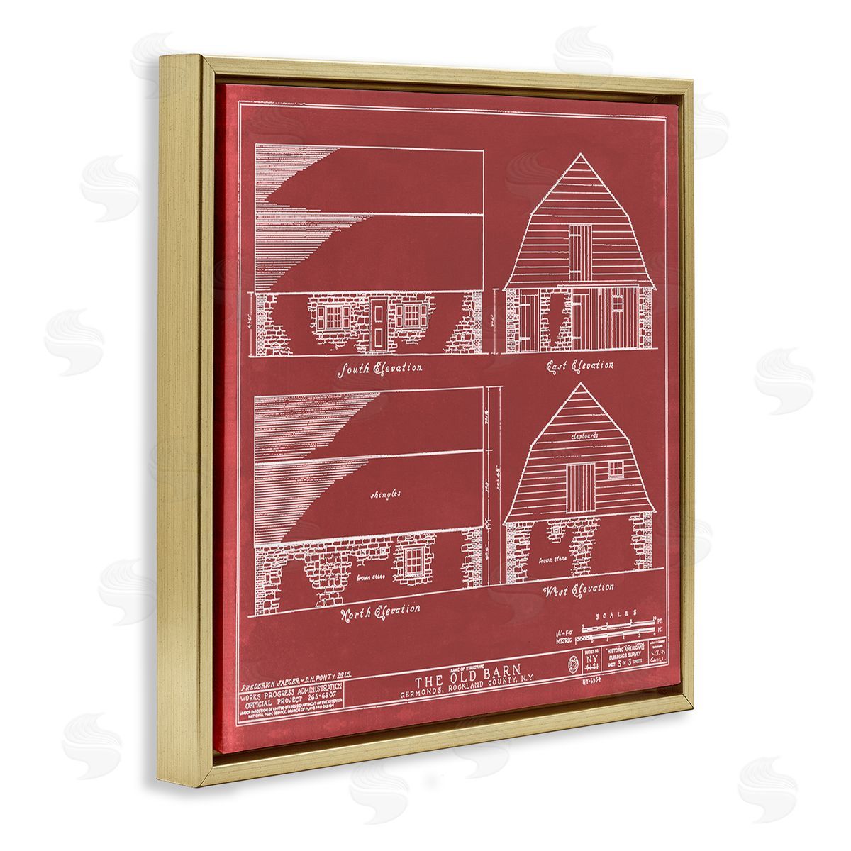 Annie Warren Red Farmhouse Barn Detailed Blueprint Diagram Gold Floating Frame Canvas Wall Art Print