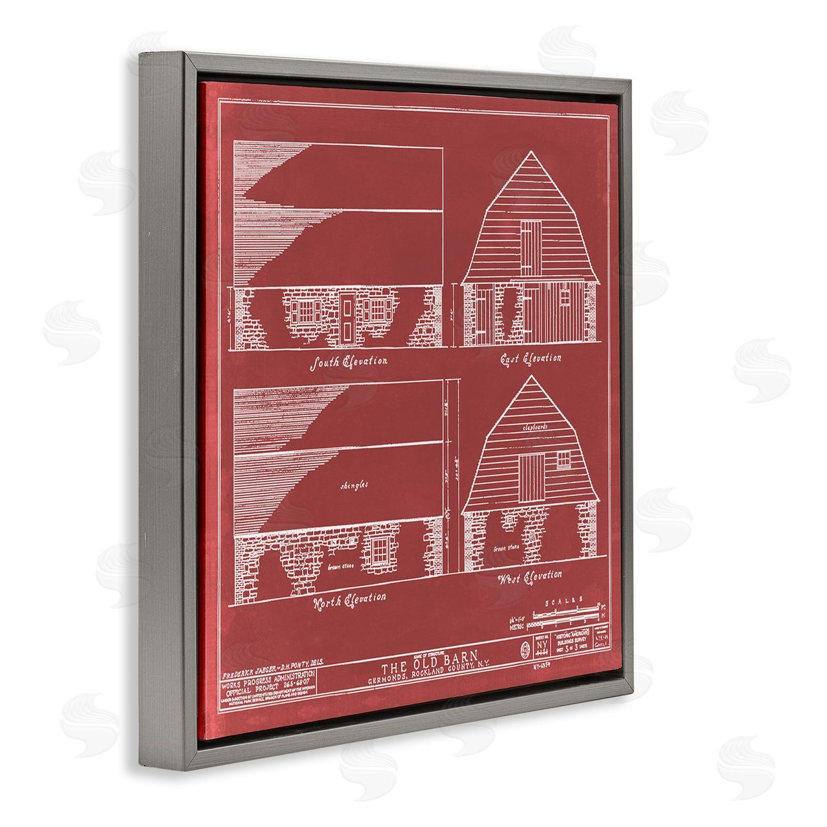Annie Warren Red Farmhouse Barn Detailed Blueprint Diagram Gray Floating Frame Canvas Wall Art Print
