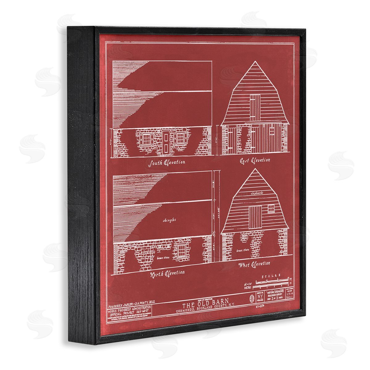 Annie Warren Red Farmhouse Barn Detailed Blueprint Diagram Black Framed Glicee Wall Art Print