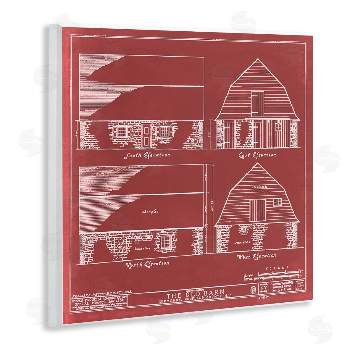 Annie Warren Red Farmhouse Barn Detailed Blueprint Diagram Wooden Wall Plaque Art Print