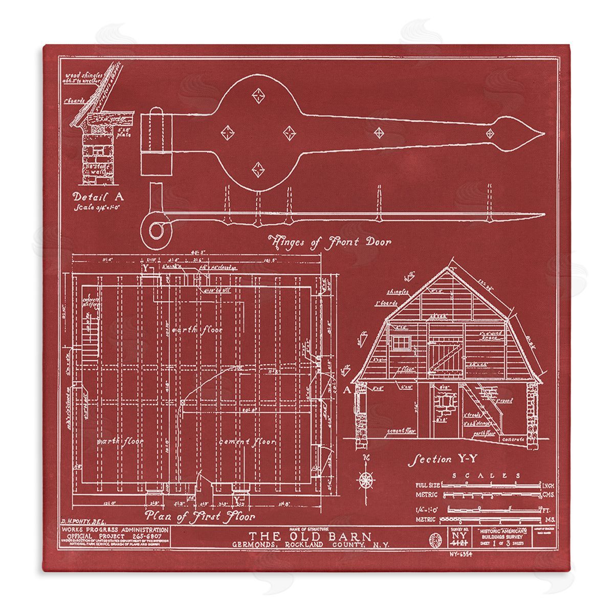 Annie Warren Detailed Diagram Blueprint Old Barn Floor Plan  Stretched Canvas Wall Art Print