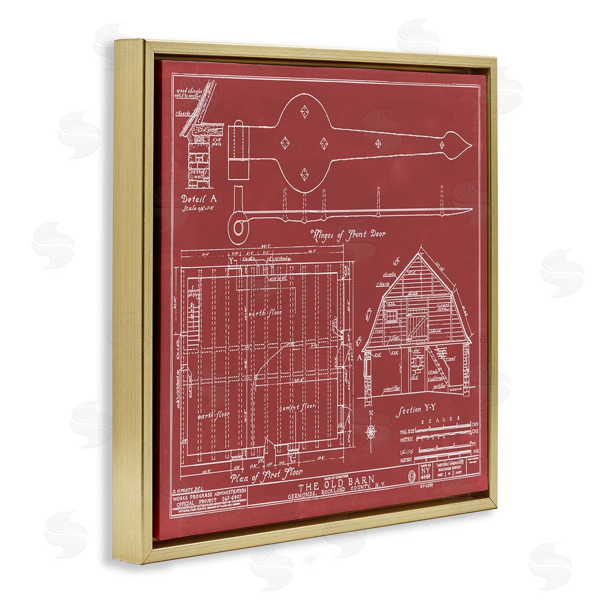 Annie Warren Detailed Diagram Blueprint Old Barn Floor Plan Gold Floating Frame Canvas Wall Art Print