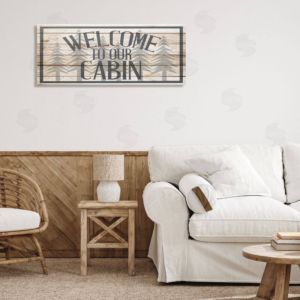 Kim Allen Cabin Welcome Sign Rustic Pine Trees Text Design