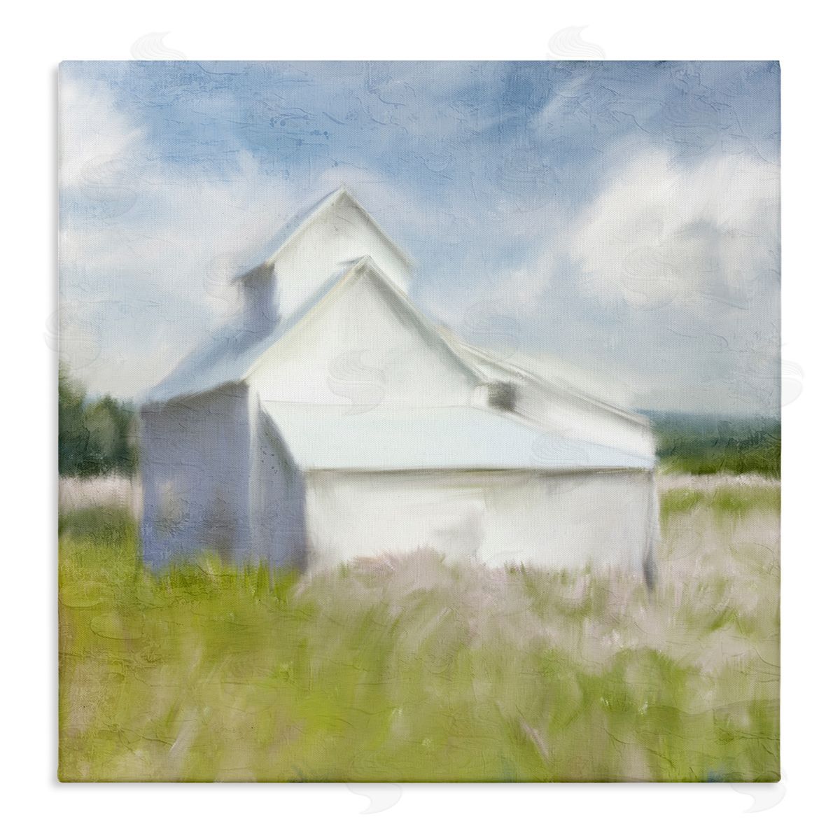 Kim Allen Beautiful White Farmhouse Cottage Countryside Grassland Stretched Canvas Wall Art Print