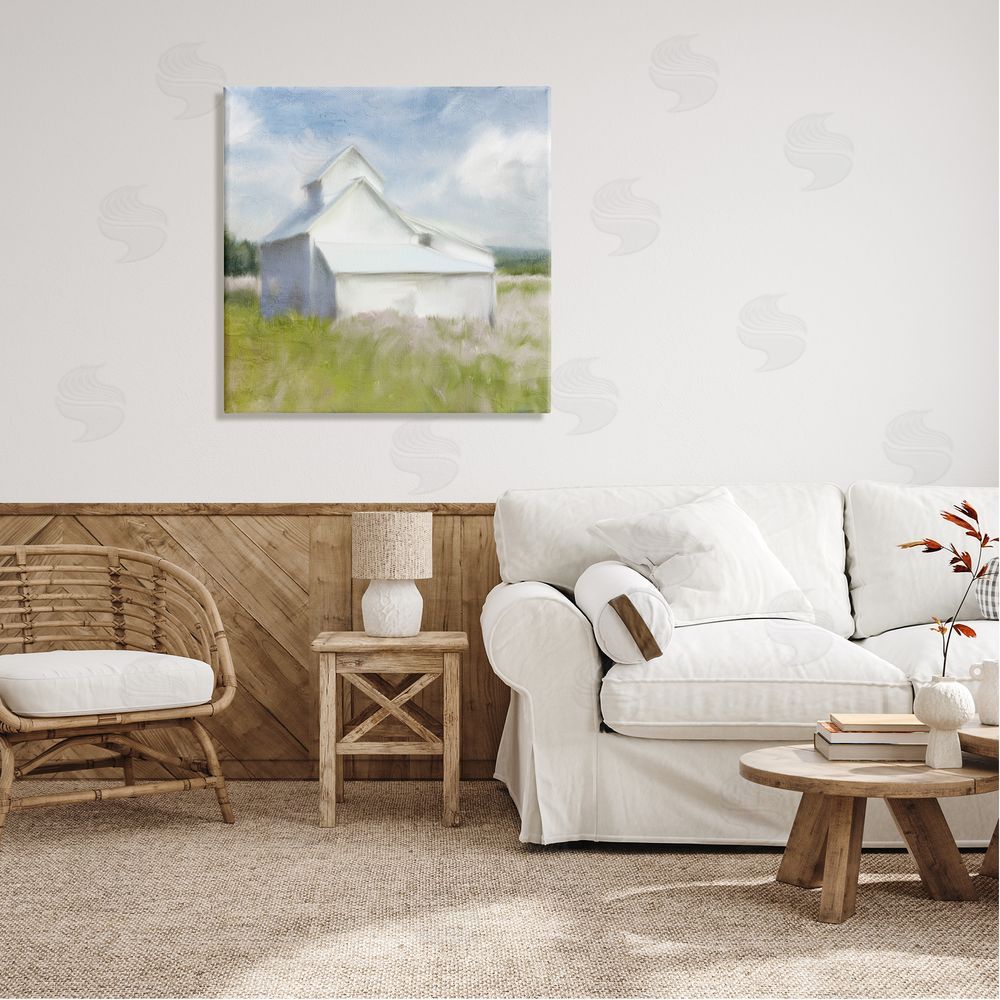 Kim Allen Beautiful White Farmhouse Cottage Countryside Grassland Canvas Wall Art in Room