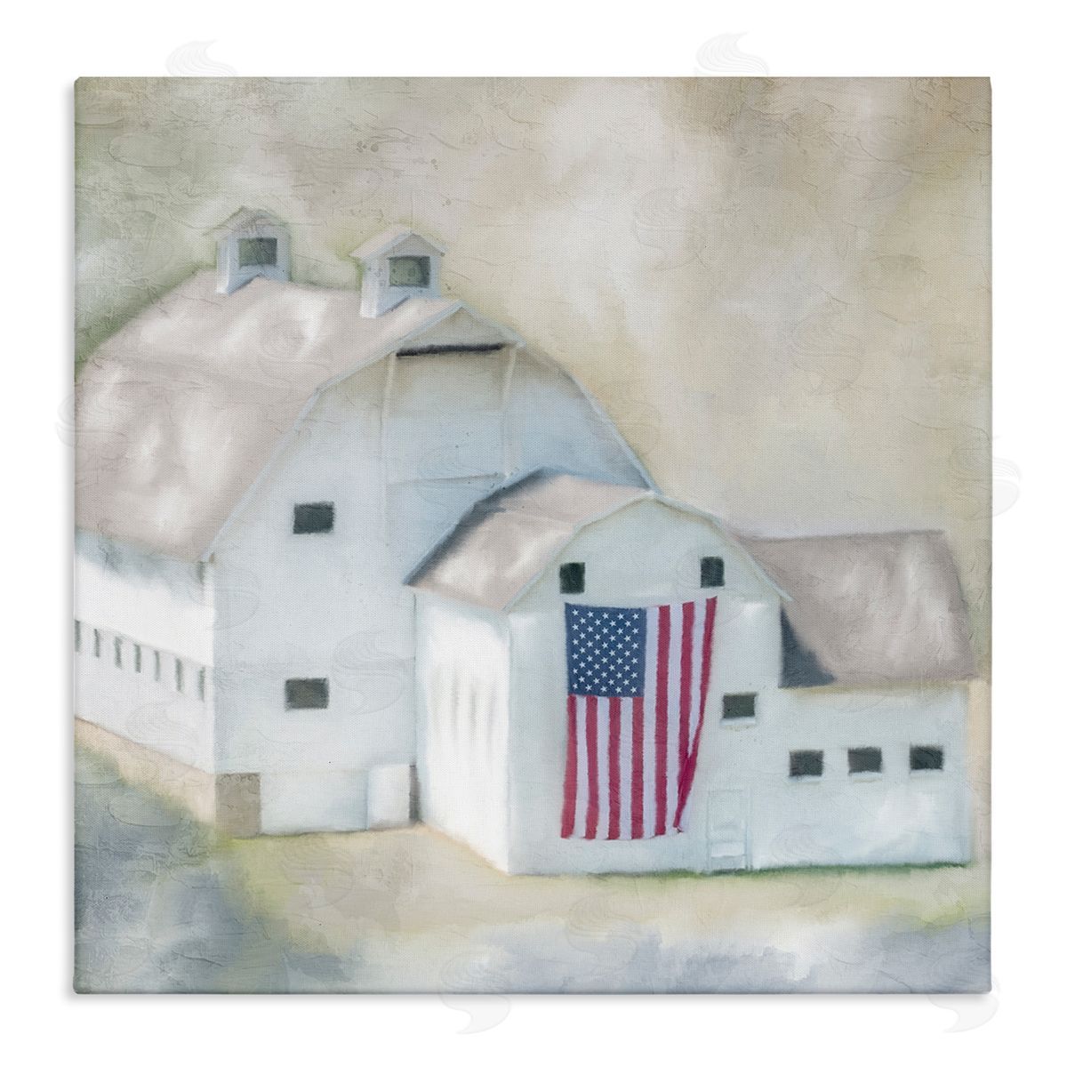Kim Allen American Flag White Farmhouse Barn Rural Countryside Stretched Canvas Wall Art Print