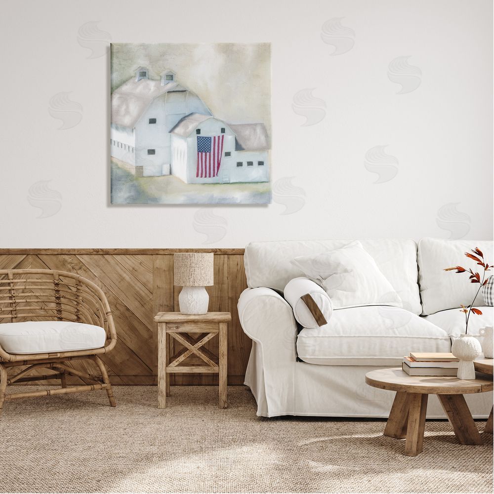 Kim Allen American Flag White Farmhouse Barn Rural Countryside Canvas Wall Art in Room