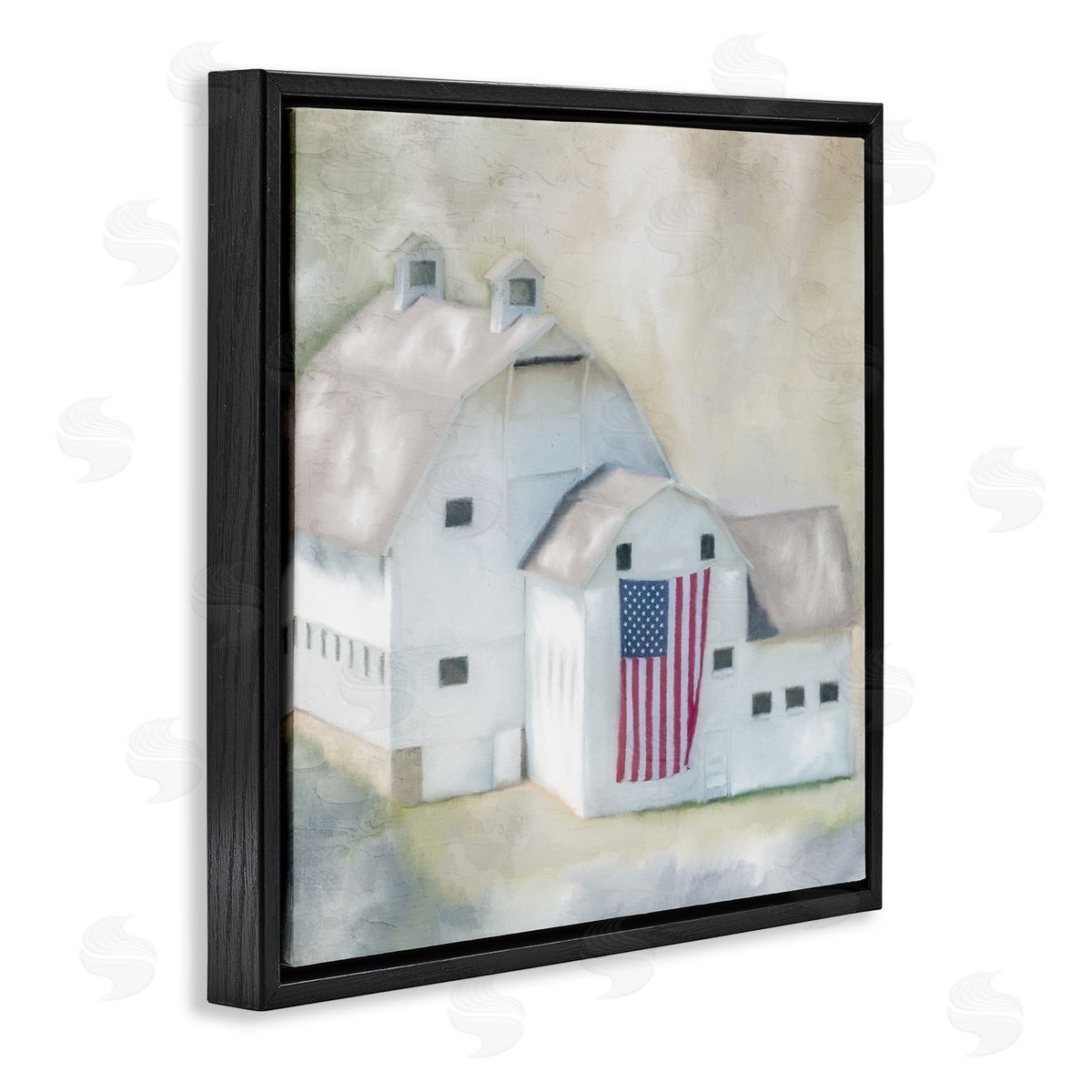 Kim Allen American Flag White Farmhouse Barn Rural Countryside Black Floating Frame Canvas Wall Art Print