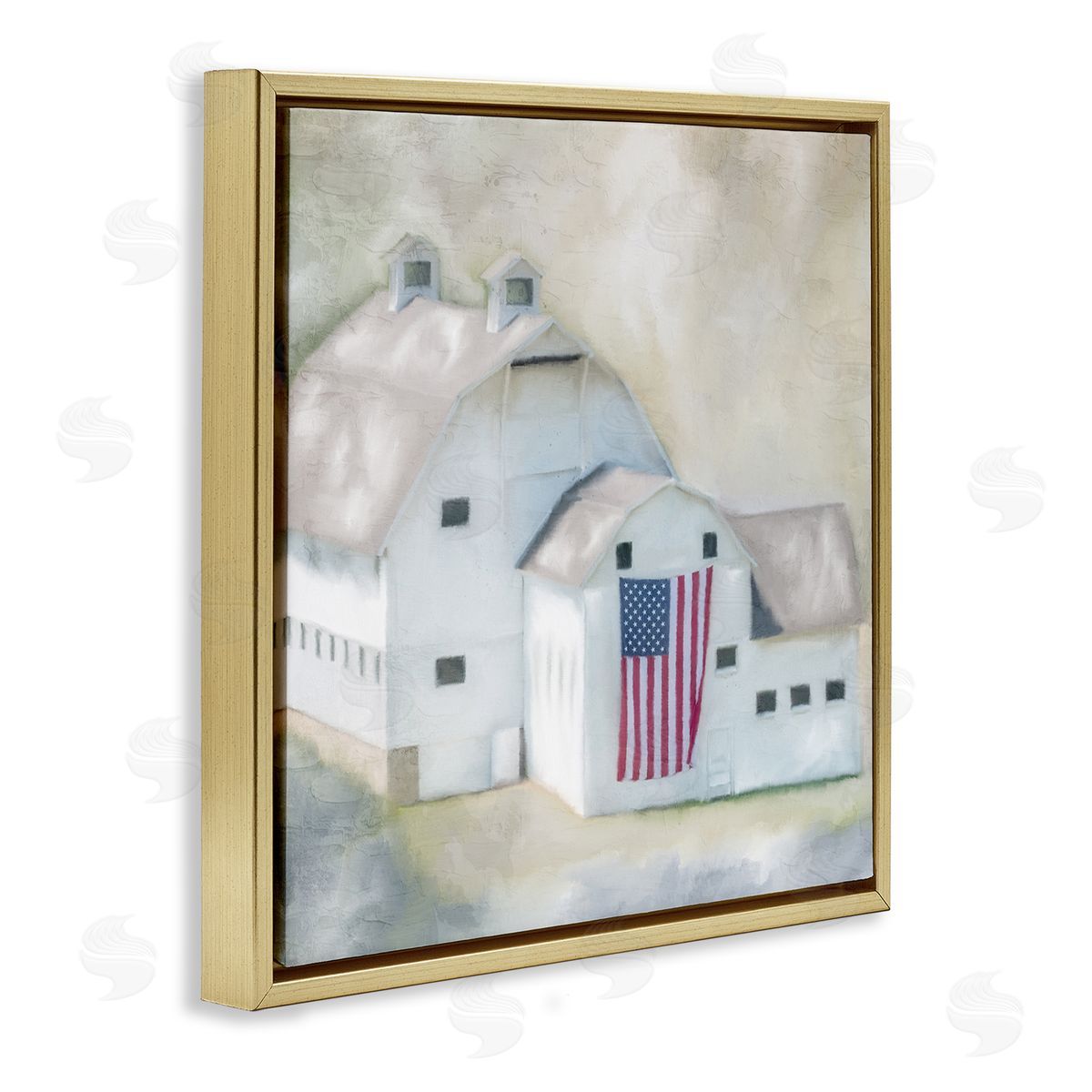 Kim Allen American Flag White Farmhouse Barn Rural Countryside Gold Floating Frame Canvas Wall Art Print