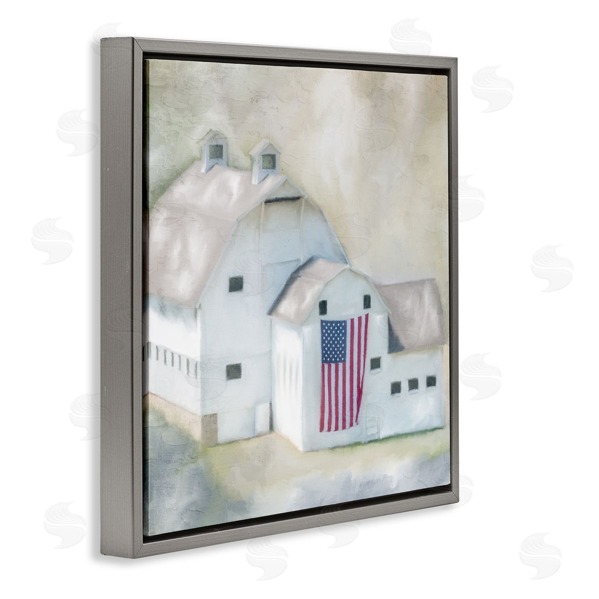 Kim Allen American Flag White Farmhouse Barn Rural Countryside Gray Floating Frame Canvas Wall Art Print