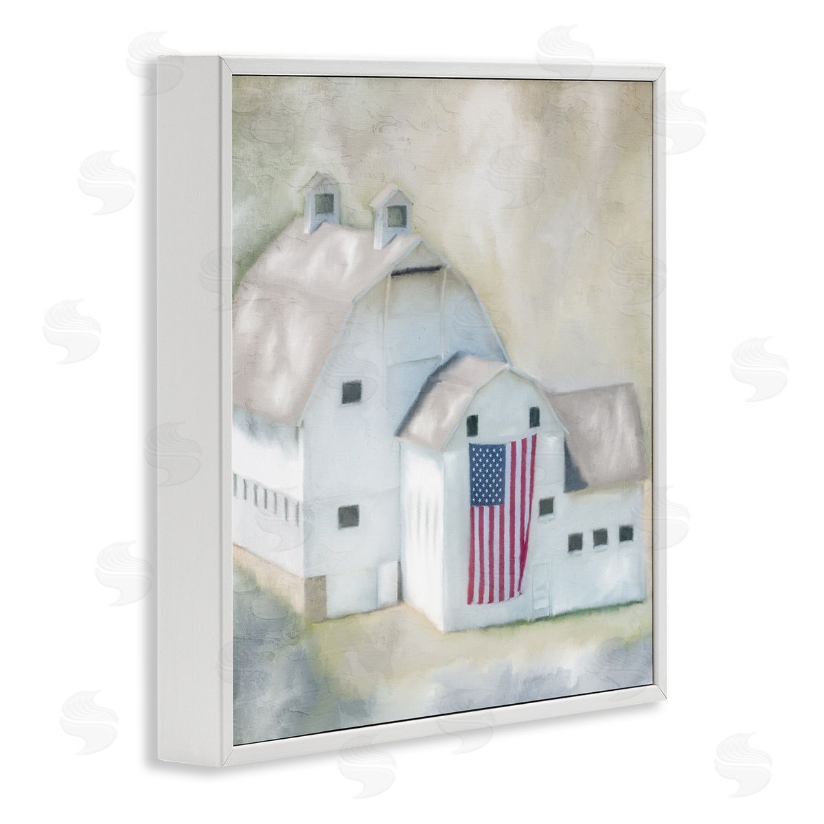 Kim Allen American Flag White Farmhouse Barn Rural Countryside White Framed Glicee Wall Art Print