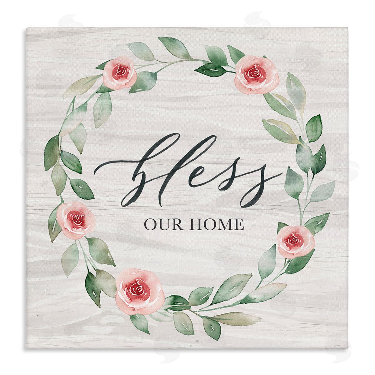 Kristen Brockmon Bless Our Home Family Phrase Simple Pink Rose Wreath Stretched Canvas Wall Art Print