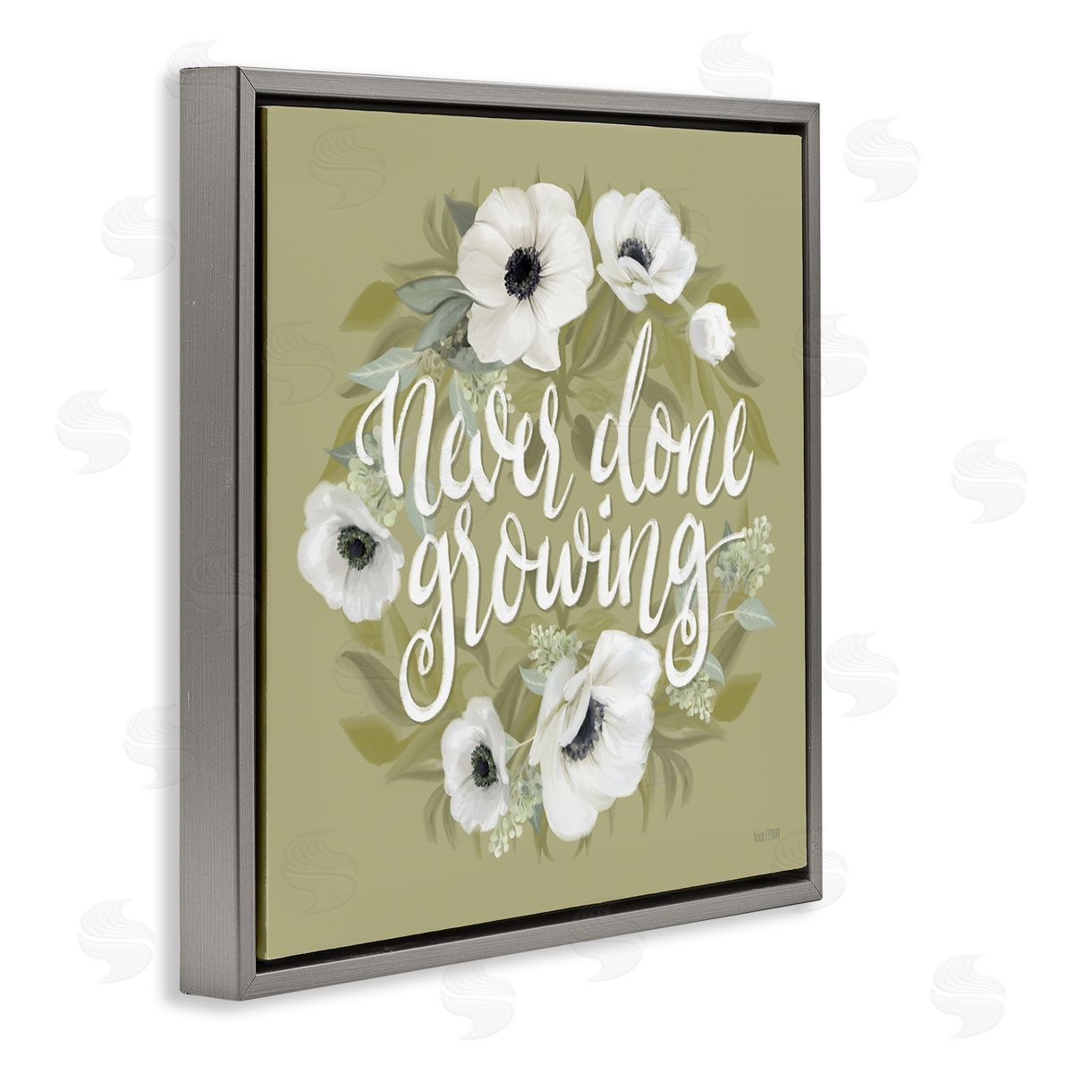 House Fenway Never Done Growing Spring Floral Sentiment White Poppies Gray Floating Frame Canvas Wall Art Print