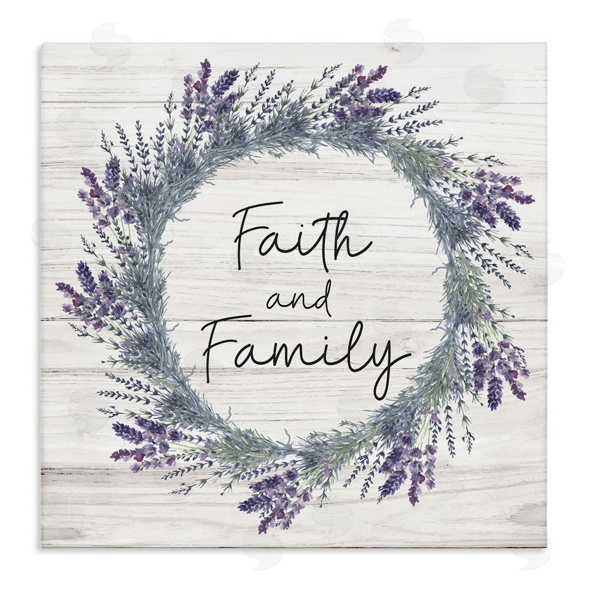 Nicole DeCamp Faith and Family Sign Blue Hyacinth Florals Wild Thistle Stretched Canvas Wall Art Print