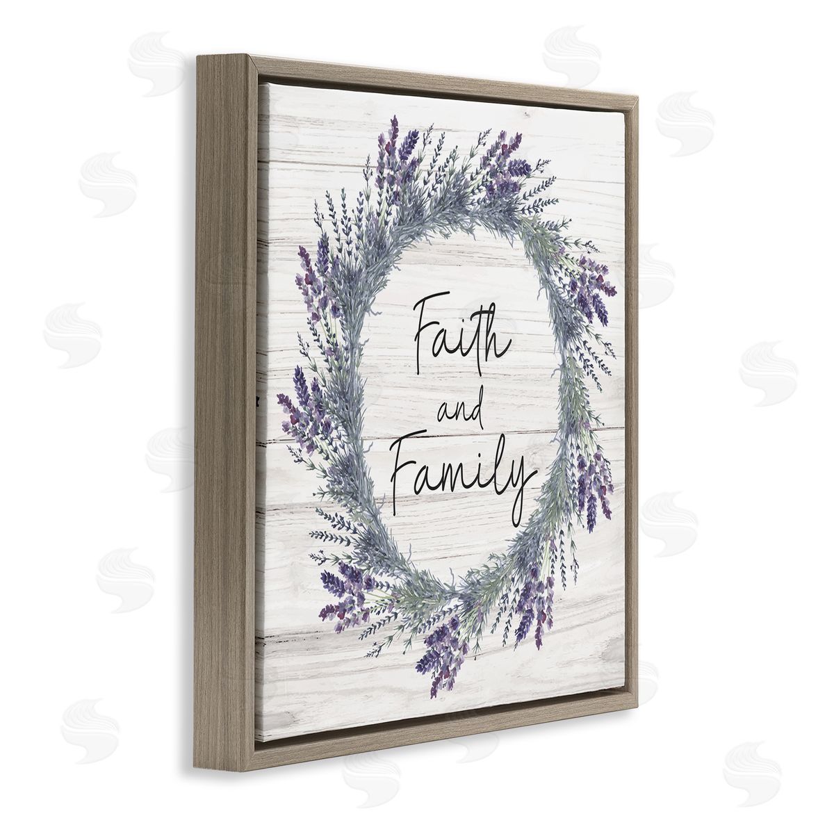 Nicole DeCamp Faith and Family Sign Blue Hyacinth Florals Wild Thistle Brown Floating Frame Canvas Wall Art Print