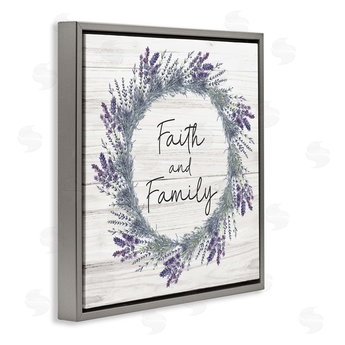 Nicole DeCamp Faith and Family Sign Blue Hyacinth Florals Wild Thistle Gray Floating Frame Canvas Wall Art Print
