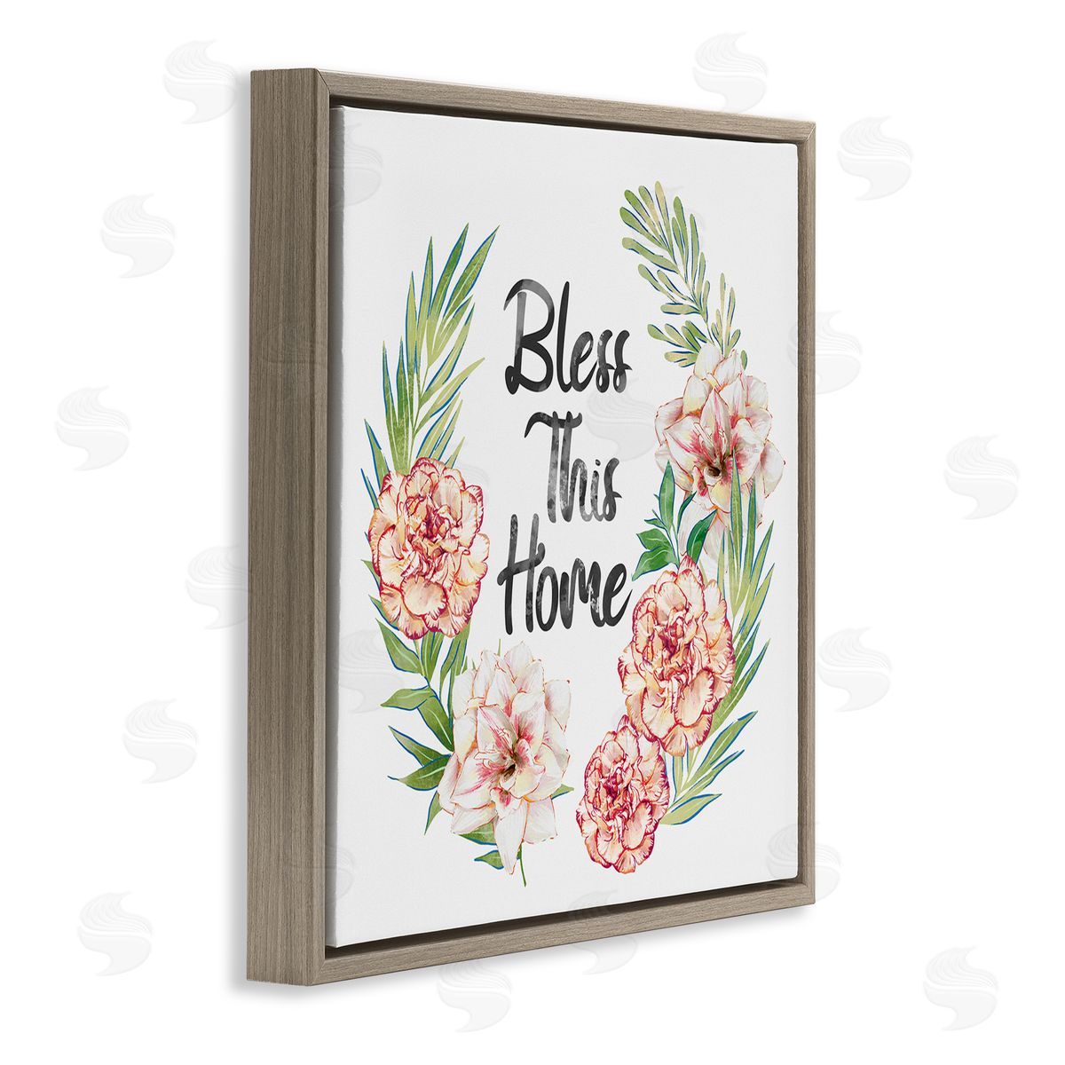 Ziwei Li Bless This Home Saying Coral Pink Floral Arrangement  Brown Floating Frame Canvas Wall Art Print