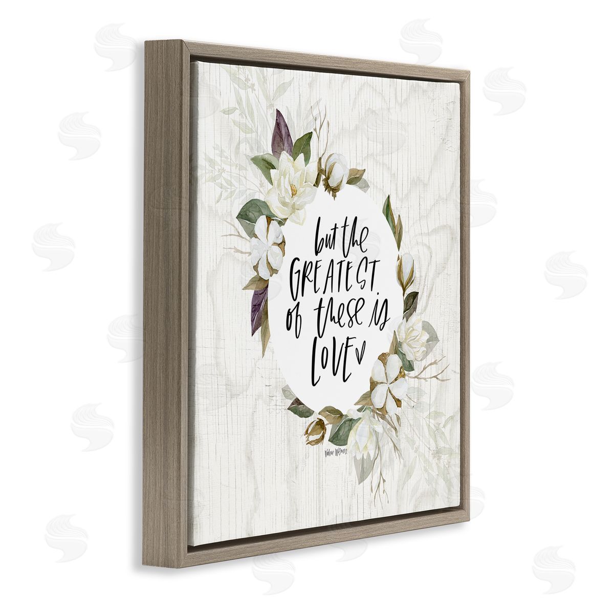 Valerie Wieners Greatest Love Typography Quote Classic White Floral Border Brown Floating Frame Canvas Wall Art Print