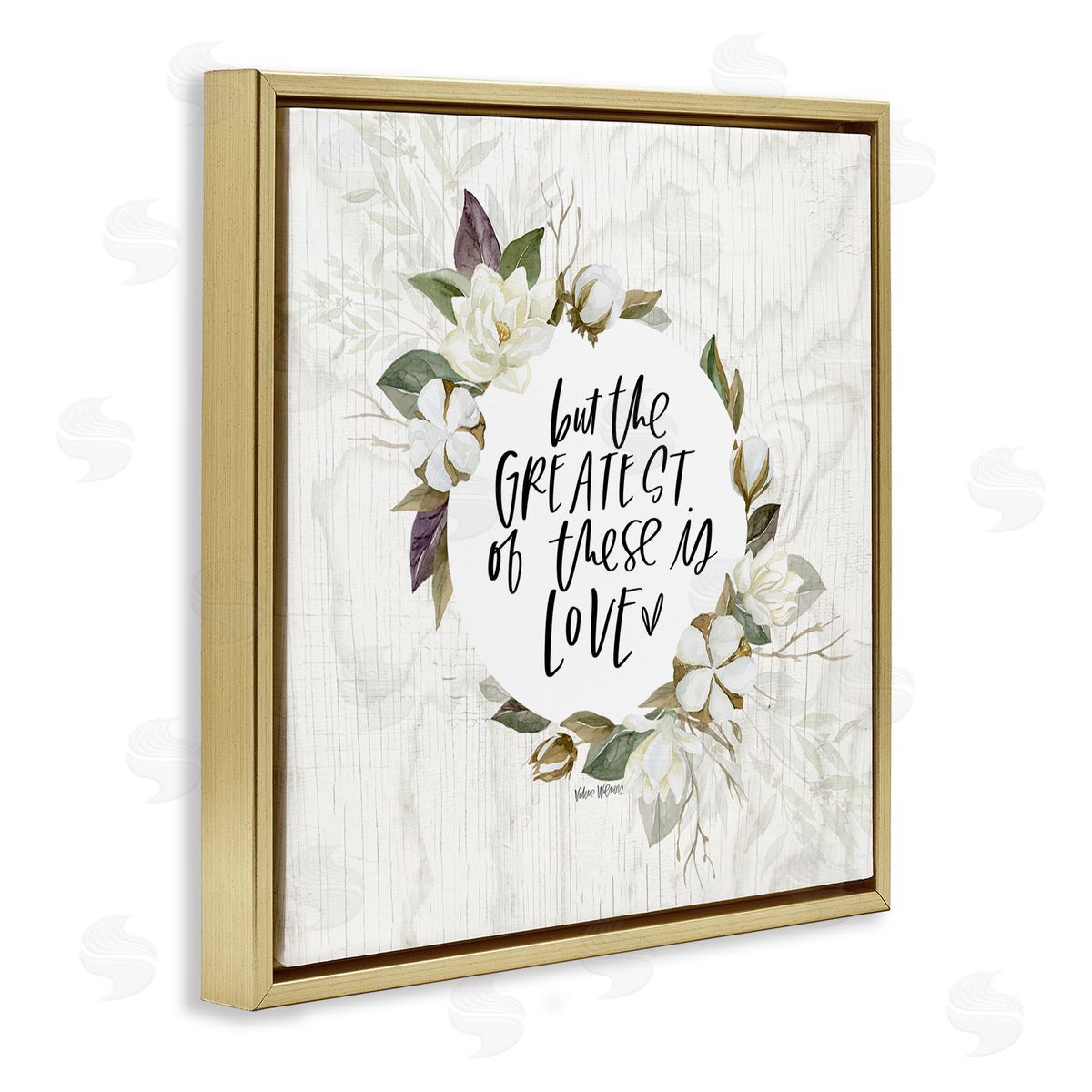 Valerie Wieners Greatest Love Typography Quote Classic White Floral Border Gold Floating Frame Canvas Wall Art Print