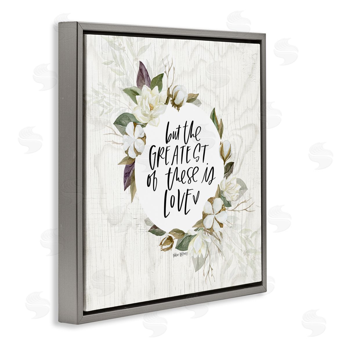 Valerie Wieners Greatest Love Typography Quote Classic White Floral Border Gray Floating Frame Canvas Wall Art Print