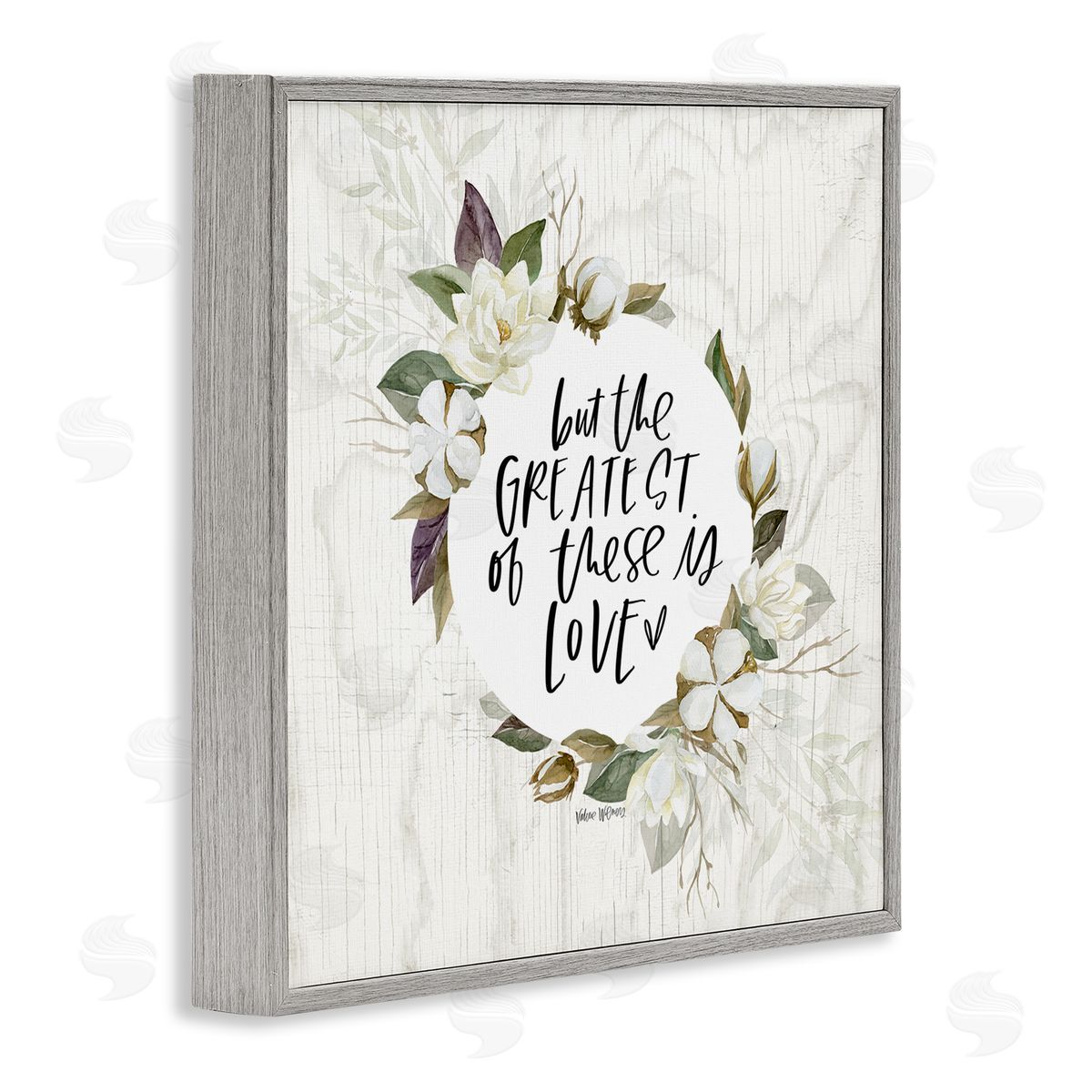 Valerie Wieners Greatest Love Typography Quote Classic White Floral Border Gray Framed Glicee Wall Art Print