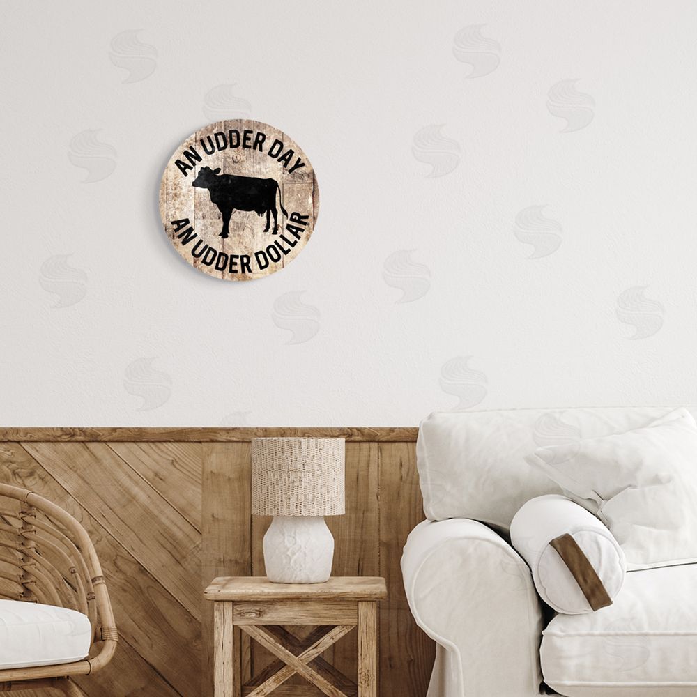 Milli Villa Udder Day Funny Cow Farm Wood Texture Word Design Round Wall Plaque Art Print in Room