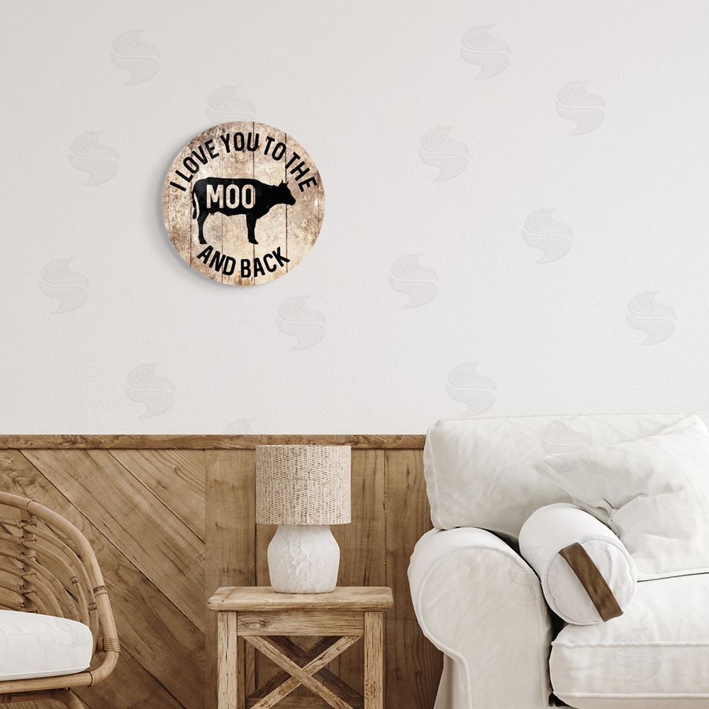 Milli Villa The Moo And Back Funny Cow Farm Wood Texture Word Design Round Wall Plaque Art Print in Room