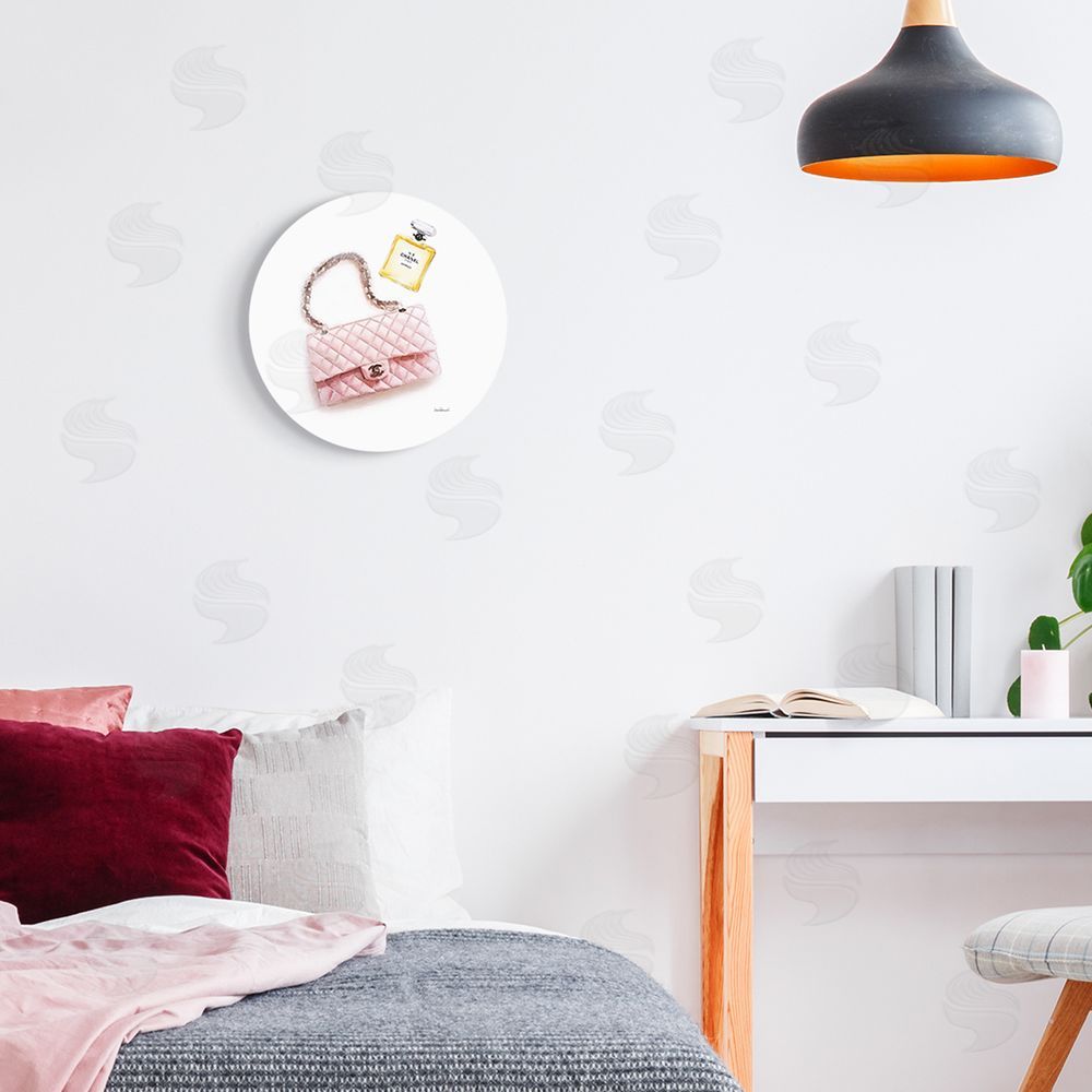 Amanda Greenwood Pink Purse Gold Perfume Glam Fashion Watercolor Design Round Wall Plaque Art Print in Room