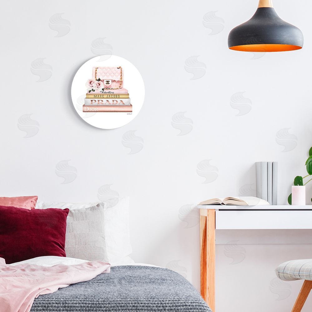 Amanda Greenwood Pink Purse Gold Bookstack Glam Fashion Watercolor Design Round Wall Plaque Art Print in Room