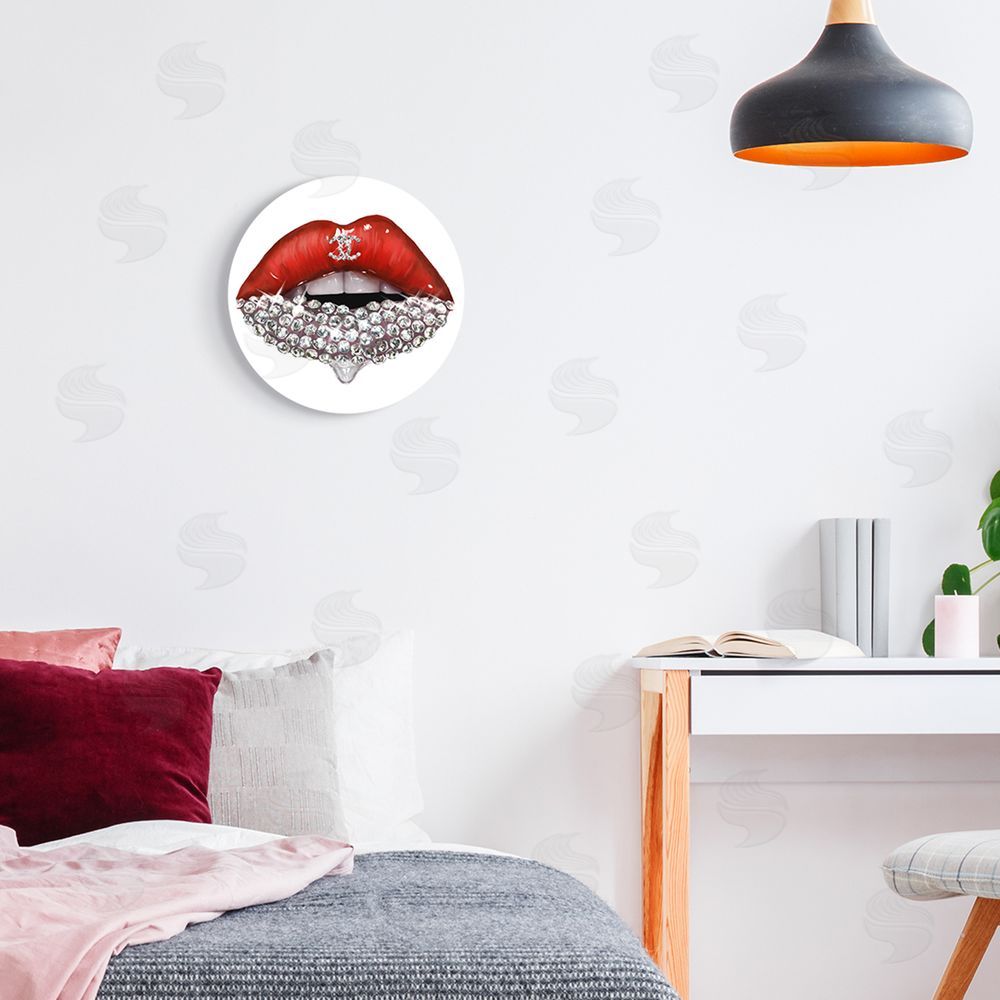 Ziwei Li Chic Red Lip Portrait Women's Fashion Stone Details Round Wall Plaque Art Print in Room