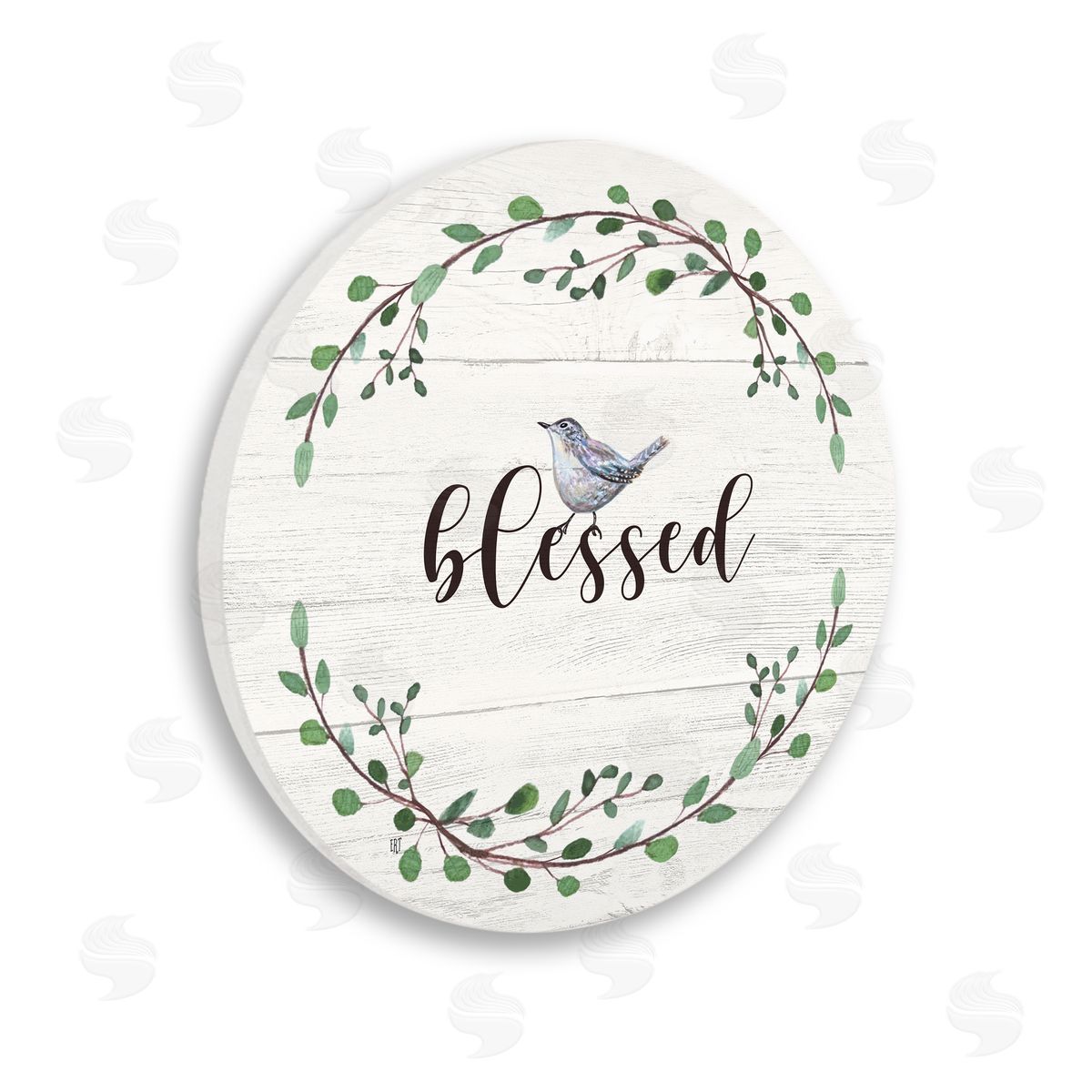 Elizabeth Tyndall Charming Blessed Phrase Blue Bird and Wreath Wooden Wall Plaque Art Print