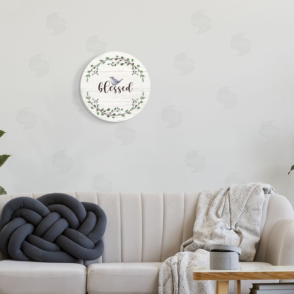 Elizabeth Tyndall Charming Blessed Phrase Blue Bird and Wreath Round Wall Plaque Art Print in Room