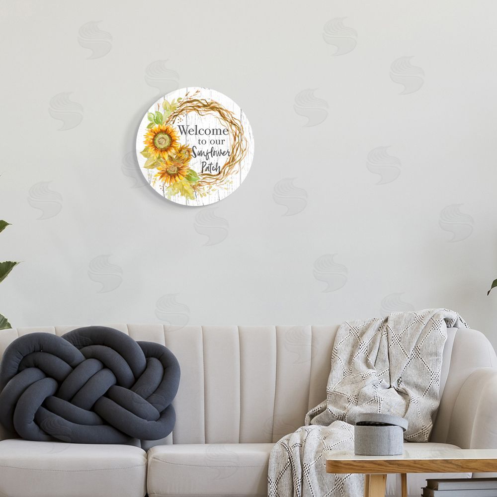 Patricia Pinto Welcome to Sunflower Patch Rustic Floral Country Wreath Round Wall Plaque Art Print in Room