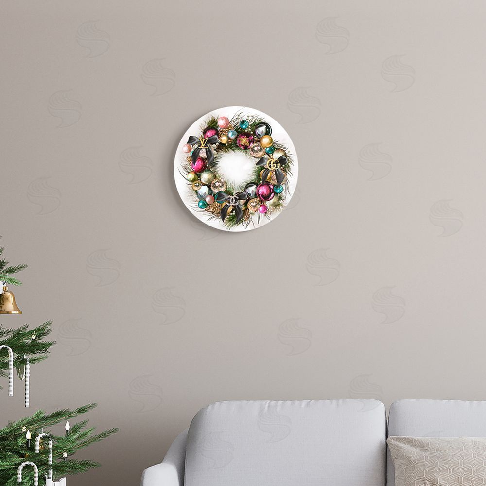 Ziwei Li Winter Holiday Wreath Designer Glam Ornament Accents Round Wall Plaque Art Print in Room