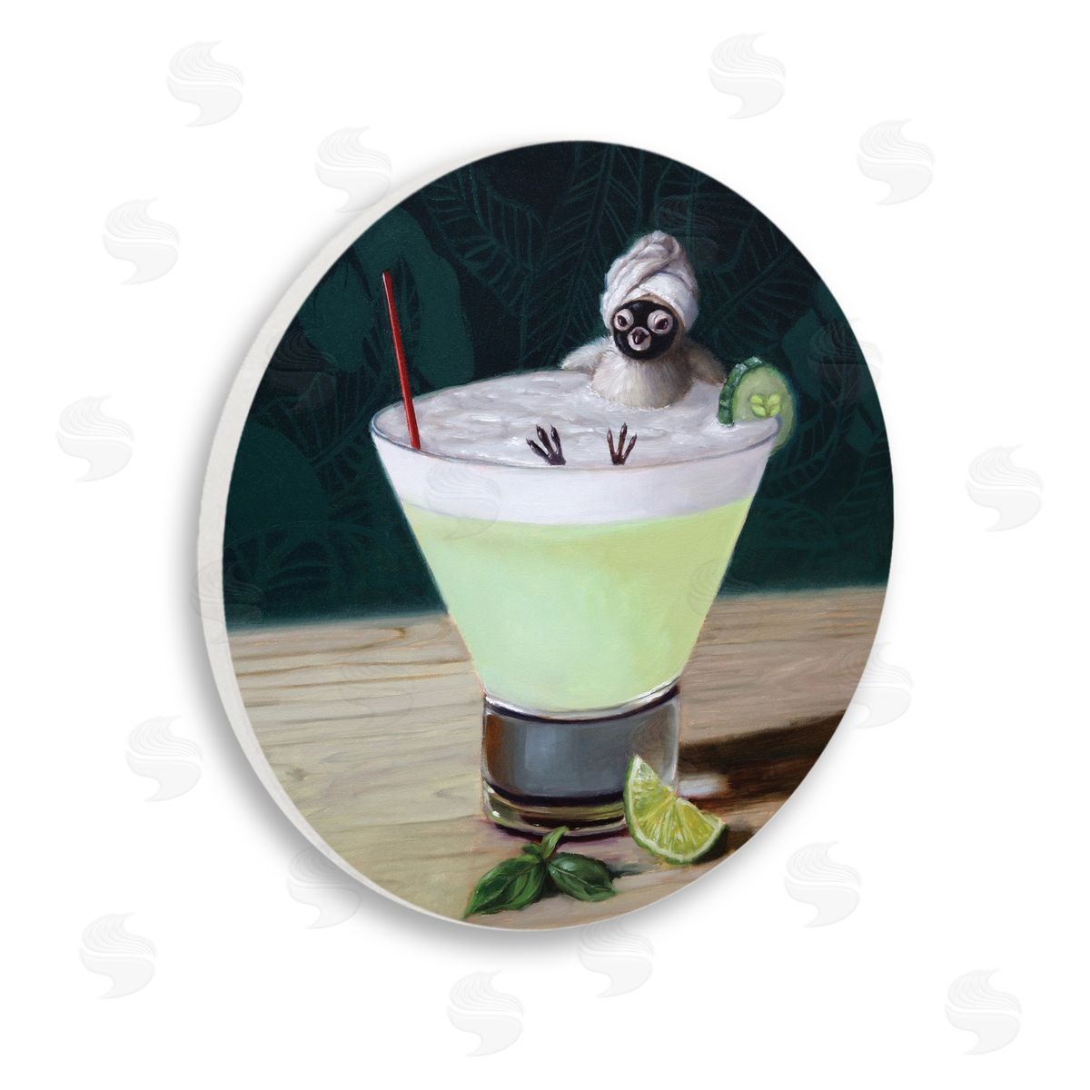 Lucia Heffernan Bird Bathing Cucumber Martini Funny Animal Spa Day Wooden Wall Plaque Art Print