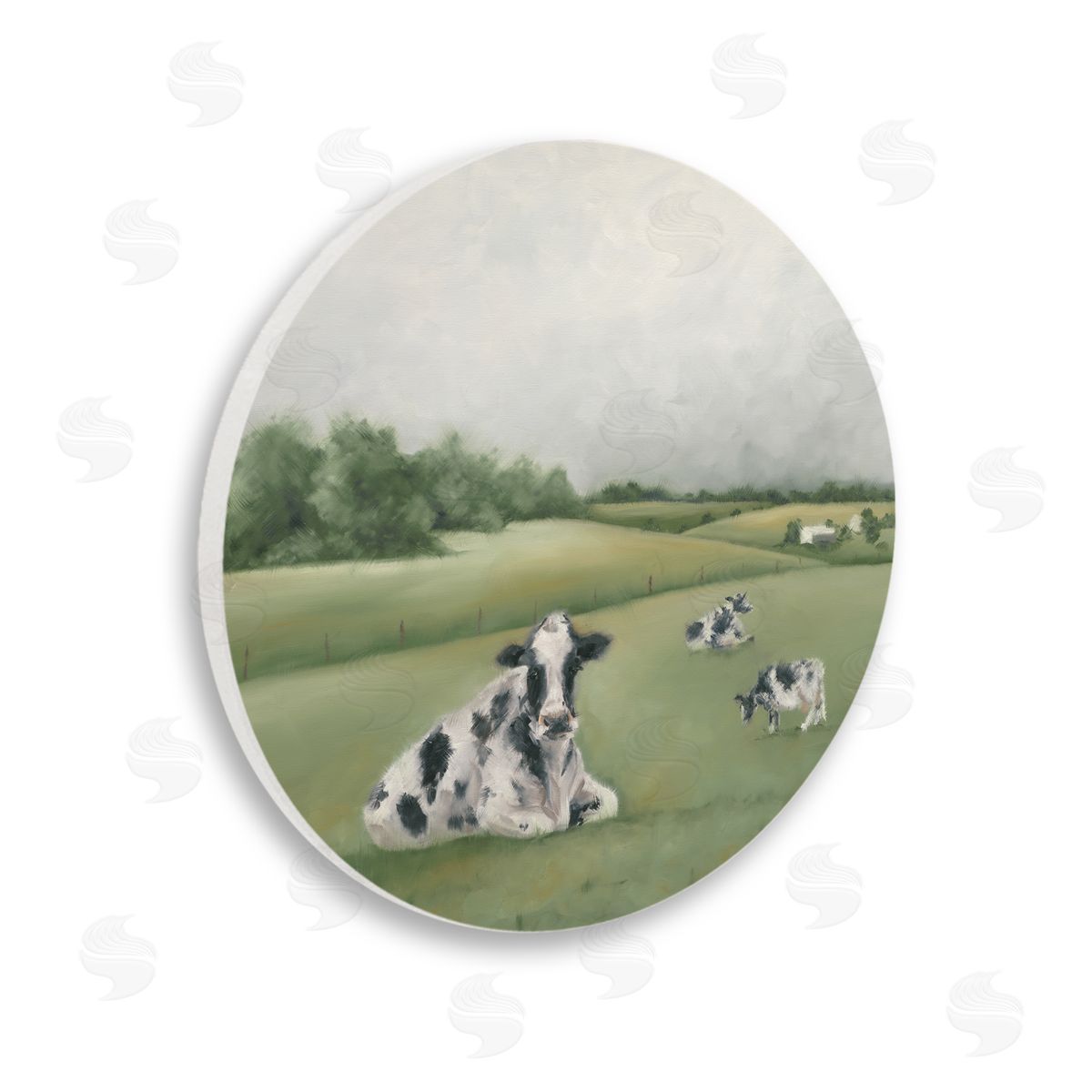 Hollihocks Art Dairy Cows Grazing Rolling Green Field Country Farm Wooden Wall Plaque Art Print