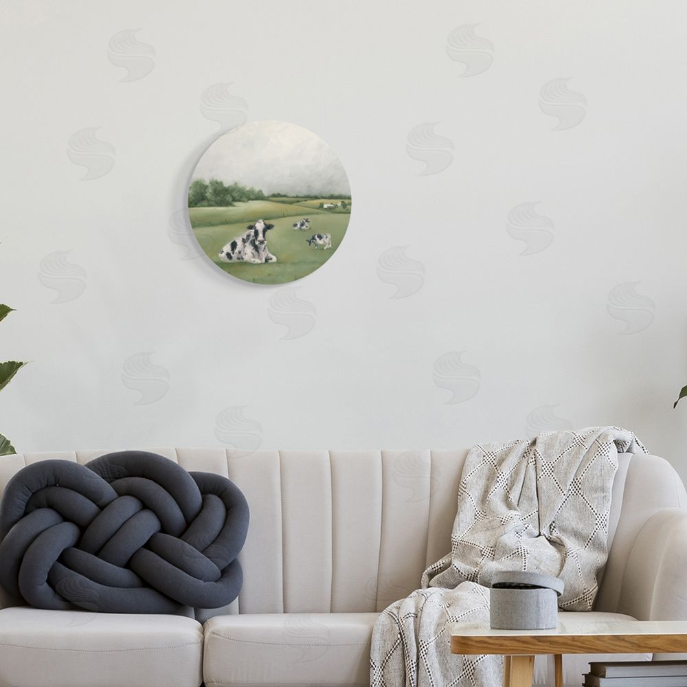 Hollihocks Art Dairy Cows Grazing Rolling Green Field Country Farm Round Wall Plaque Art Print in Room