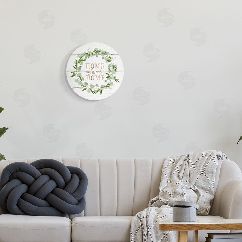 Jennifer Pugh Sweet Home Greeting Eucalyptus Wreath Rustic Plank Pattern Round Wall Plaque Art Print in Room