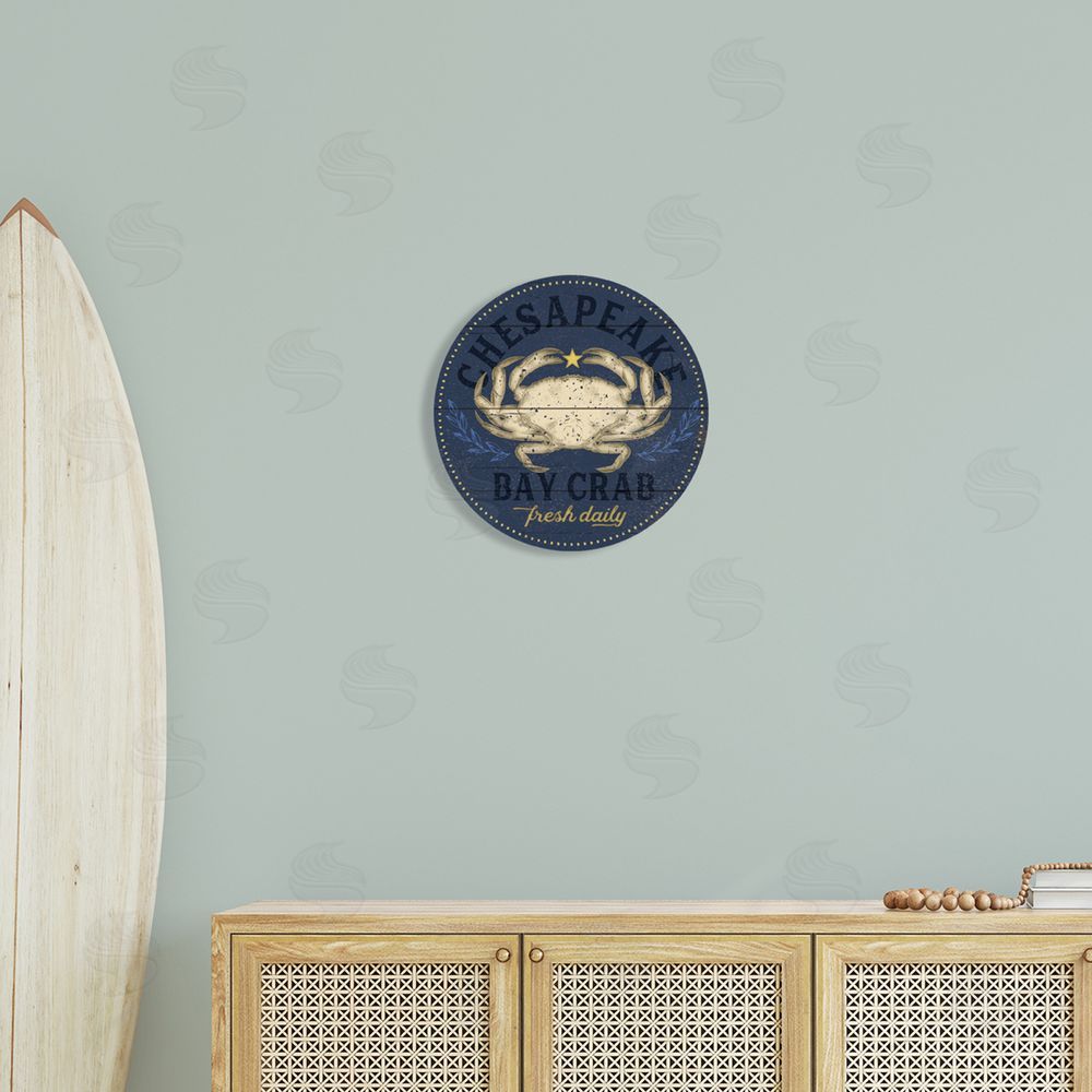 Jennifer Pugh Vintage Chesapeake Bay Crab Sign Nautical Marine Life Round Wall Plaque Art Print in Room