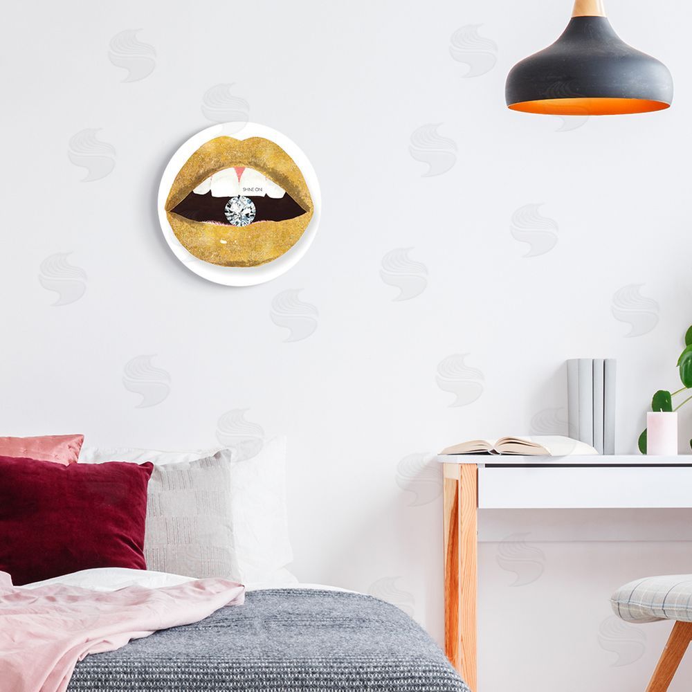 Mercedes Lopez Charro Shine On Sentiment Gold Lips Glam Diamond Bite Round Wall Plaque Art Print in Room
