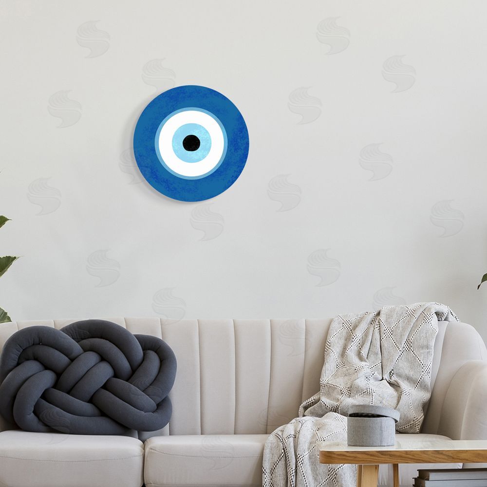 Ziwei Li Evil Eye Centric Bold Blue Abstract Circular Dominant Shapes Round Wall Plaque Art Print in Room