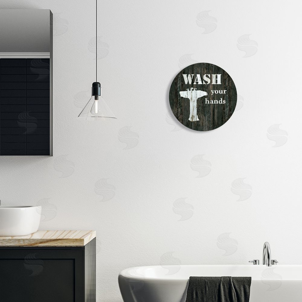 Carol Robinson Wash Your Hands Phrase Rustic Bathroom Sink Round Wall Plaque Art Print in Room